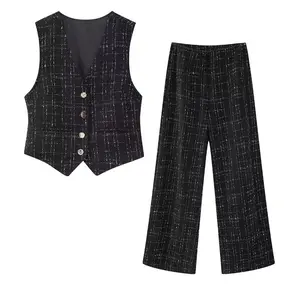 TZ4392 nuevo 2023 patrón de Tweed elegante europeo Delgado cuello en V chaleco y pantalones conjunto mujeres chaleco pantalones ropa 11