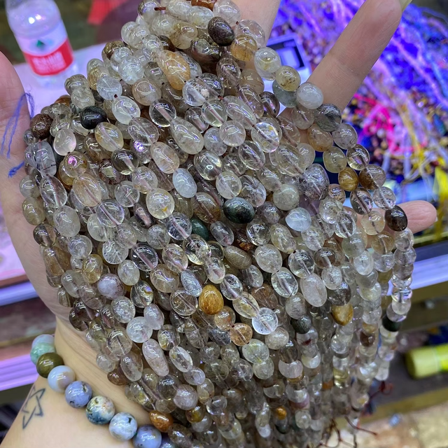8-10mm Natural Copper Rutilated Quartz Gravel Pebble Healing Energy Round Irregular Shape Gemstone Beads 15"