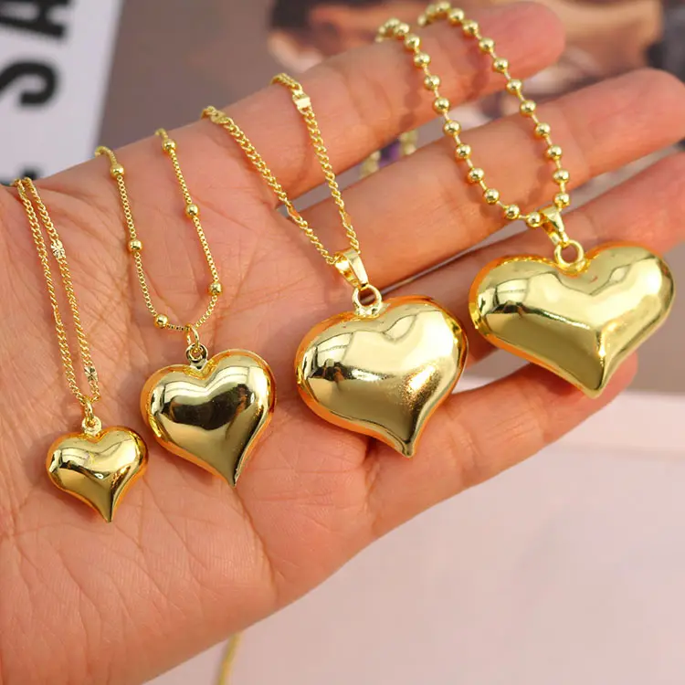 NM1301 Small Medium Mid Size Big 18k Gold Plated 3D Puffy Puffed Puff Love Heart Pendant Chain Necklace