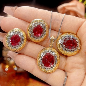 Vintage Eco-friendly Copper Jewelry Sets Hypoallergenic High End 10*12-8*10mm Red Zircon <b>Earrings</b> and Necklace Set for Women Tu - Product Image 1