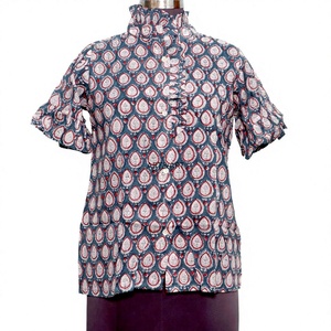 Women's Printed Short Sleeve <b>Blouse</b> With Puff Flare Sleeves And Button Front In Blue <b>Red</b> White Pattern - Product Image 1