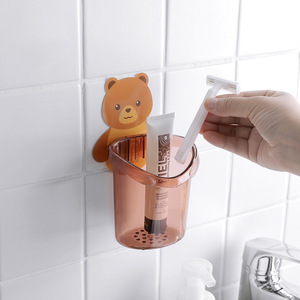 Bear <b>Toothbrush</b> Cup <b>Wall</b> <b>Mounted</b> Double <b>Holder</b> Suction Cup Plastic Bathroom Storage Rack Toothpaste <b>Holder</b> - Product Image 3