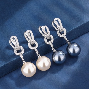Fashion Jewelry Eco-friendly Copper <b>Silver</b> Plated 14mm Shell Pearl <b>Long</b> Drop <b>Earrings</b> for Women Refined Daily Wear - Product Image 3