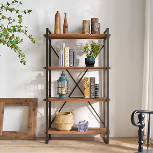 ชั้นวางหนังสือไม้และโลหะ 4 ชั้น สไตล์วินเทจอุตสาหกรรม โครงเหล็ก - Product Image 1