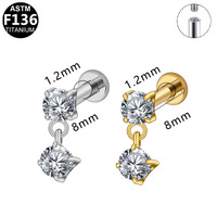 Boucle d'oreille en titane 16G avec double CZ flottant, tragus, hélix, cartilage, clou à visser interne, pendentif, bijou de piercing, cadeau