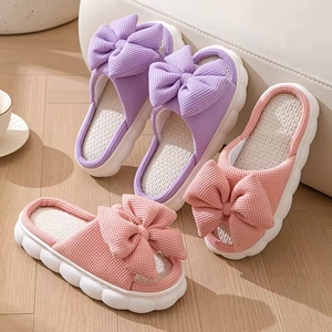 Women's Linen Bowknot <b>Decor</b> for Open Toe Soft <b>Summer</b>/Winter Indoor Home EVA Outsole - Product Image 3
