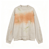 Sweat-shirt vintage délavé à effet tie-dye, broderie petite sur la poitrine, coutures apparentes, épaules tombantes, coupe décontractée, style streetwear