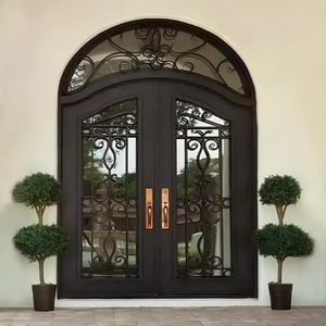 <span class=keywords><strong>Porte</strong></span> <span class=keywords><strong>d</strong></span>'<span class=keywords><strong>entrée</strong></span> classique de style européen en fer forgé cintrée, en aluminium noir avec verre trempé, double battant - Product Image 3