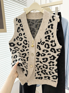 Gilet pull sans manches pour femme, col en V, boutonné, imprimé léopard, tricoté ample, style rétro, pour l'automne et l'hiver, vêtement d'extérieur pour superposition - Product Image 3