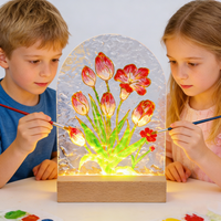 Kit de Pintura Acrílica DIY de Tulipanes con Base de Madera, Diseño Floral 3D con Luz LED, Manualidad Artística para Padres e Hijos