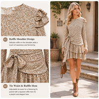 Robe Mini Femme Printemps Beige Marron à Carreaux, Col et Épaules à Volants, Manches Longues, Taille à Nouer sur le Côté, Volants Asymétriques Superposés, Style Doux et Modeste pour Soirée