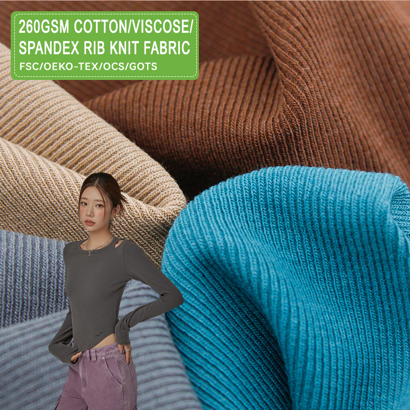 Eco-Friendly Ribbed Jersey Fabric 260gsm Weft Cotton Viscose for Thermal Underwear Plain Dyed Knit Cotton Fabric