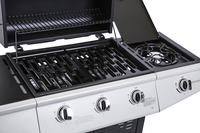 Barbecue au gaz GPL moderne de luxe haut de gamme à 3 brûleurs en acier avec grille de cuisson en fonte, chariot et finition thermolaquée, four à pizza 8,4 kW
