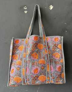 Bolsa de Mano Acolchada de Algodón con Estampado de Bloques, Duradera, Reutilizable, para Uso Diario, Viajes, Compras, Bolso de Hombro - Product Image 1