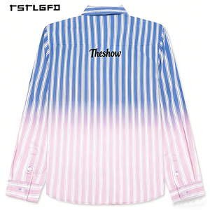 Camisa Casual para Hombre, Diseño a Cuadros Degradado Personalizado, Manga Larga, Cuello Abotonado, Corte Ajustado, Estilo Vintage, Transición Azul-Rosa, 100% Algodón, 2026 - Product Image 3