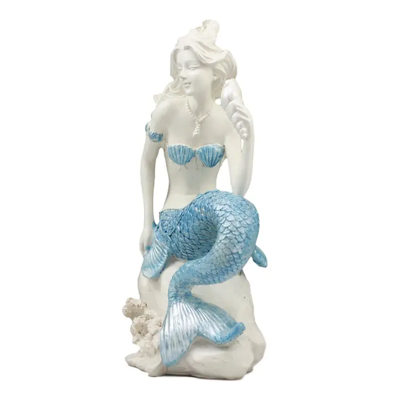Polyresin Garden Statues Wholesale Mermaid Figurine with Blue Tail Holding Conch Shell