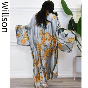 Boho Printed Long Kimono Wrap Dress Satin tunica Bikini Cover-Up 2023 abbigliamento donna Beach Wear Cover Up