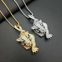 Collier pendentif tête de léopard en or personnalisé pour homme, serti de pierres