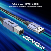 Kabel Printer BENFEI 6.6FT/2 Meter Tipe A ke Tipe B Male untuk HP Canon Brother Dell Epson Lexmark Xerox Abu-abu