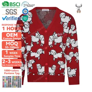 Nanteng Tùy Chỉnh Hot Bán Ánh Sáng Sang Trọng Sản Phẩm Mới OEM V Cổ Cừu Jacquard Dệt Kim Mô Hình Mens Cardigan Áo Len