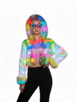 Veste à capuche courte en fausse fourrure pour femme, avec lumières LED arc-en-ciel, changeant de couleur, lumineuse, pour festivals, Halloween et soirées