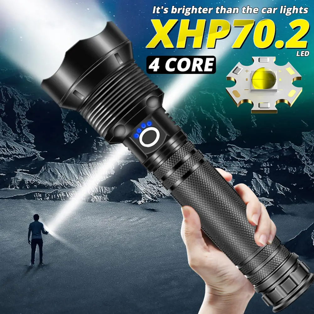 ไฟฉาย LED แบบชาร์จ USB,ไฟฉายยุทธวิธีซูมกันน้ำกลางแจ้งไฟฉายทรงพลัง XHP70