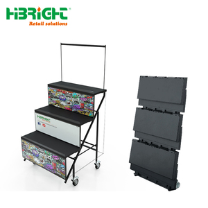 Mobile Tiered Display Stand Folding Merchandising Rack with Wheels and Graphic Panels for Supermarket Promotion - Product Image 4