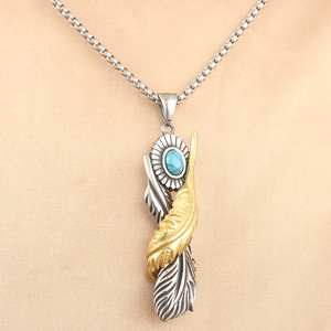 yunnique Two-Tone Stainless Steel Feather Pendant With Turquoise Inlay For Men And Women Gift Necklace 231051 - Product Image 1