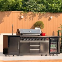 Barbecue à gaz moderne et luxueux de qualité supérieure à 8 brûleurs en acier inoxydable, brûleurs infrarouges, cuisinière latérale noire pour cuisine extérieure, réfrigérateur de 68 L