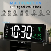 Horloge numérique LED de 16 pouces, multifonctionnelle, horloge murale de bureau, affichage de la température, de la date et du jour, télécommande pour chambre à coucher, bureau