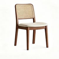 Chaise de salle à manger JP Mid Century en noyer avec dossier en rotin et assise rembourrée en cuir vert pour la maison