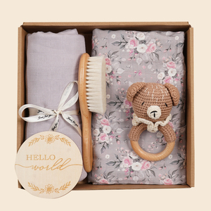 Caja de Regalo para Recién Nacido, Set de Regalo Orgánico para Bebé, Manta de Muselina de Algodón para Bebé, Babero para la Dentición, Sonajero, Set de Juguetes de Madera para Hitos - Product Image 4