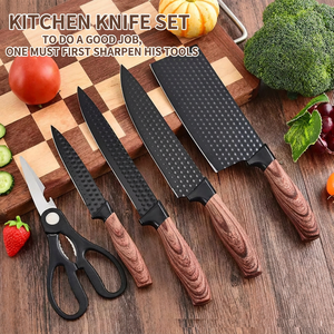 Ensemble de couteaux de cuisine en acier inoxydable à manche en bois grainé, 7 pièces, avec bloc à couteaux à rayures verticales noires - Product Image 5