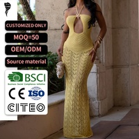 Vestido Maxi Amarillo de Ganchillo con Cuello Halter y Corte Sirena para Mujer, Nuevo Modelo 2026, Vestido Formal Ajustado con Aberturas, Servicio Personalizado OEM ODM