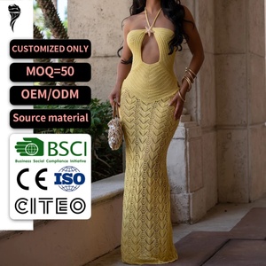 Vestido Maxi Amarillo de Ganchillo con Cuello Halter y Corte Sirena para Mujer, Nuevo Modelo 2026, Vestido Formal Ajustado con Aberturas, Servicio Personalizado OEM ODM - Product Image 1