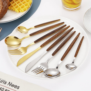 Juego de tenedores y cuchillos para carne de acero inoxidable con mango de madera, 20-40 piezas, para catering, vajilla occidental - Product Image 2