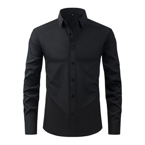 Chemise habillée noire à manches longues pour homme, couleur unie, col rabattu, en popeline de coton infroissable, pour l'automne - Product Image 1