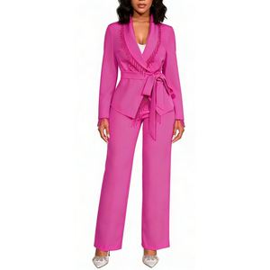 Ensemble 2 pièces <span class=keywords><strong>pantalon</strong></span> et blazer à sequins pour <span class=keywords><strong>femme</strong></span>, tenue de cérémonie élégante, blazer ceinturé avec ornements en cristal, Sehe Fashionbisou - Product Image 1