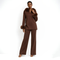 Ensemble décontracté deux pièces en laine anti-boulochage pour femme, collection automne-hiver, avec col et poignets en fourrure de renard véritable, coupe ample et unie