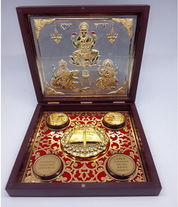 Conjunto de regalo religioso hindú de lujo de acero inoxidable chapado en oro ecológico Lakshmi Saraswati Ganesh Idol hecho a mano Diwali - Product Image 4