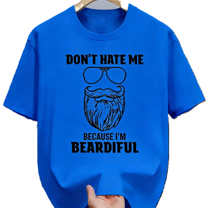 T-shirt divertente con stampa 'Don't Hate Me Because I'm Beardiful' e gioco di parole sulle barbe, maglietta oversize in cotone a maniche corte, streetwear, top casual - Product Image 1
