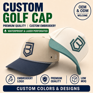 Casquette de golf 5 panneaux avec logo brodé personnalisé, faible MOQ, OEM, perforations laser, tissu technique respirant, pièce haute performance - Product Image 1
