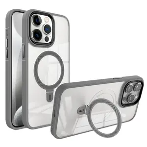 New Metal Ring Bracket Magnetic Phone Case For iPhone 13 14 15 Pro Max Transparent Hard Back Soft Edge Shockproof Acrylic Cover