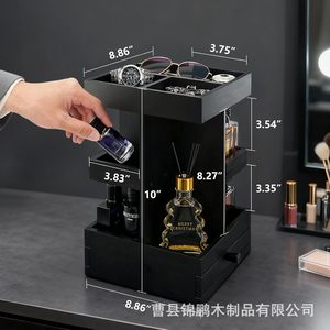 Wooden Rotating <b>Storage</b> Rack 8.86x8.86x10 Inch With <b>Drawers</b> For Perfume Jewelry Desktop Organizer - Product Image 1