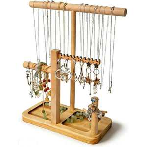 Wooden Jewelry Storage Rack With Hanging Rods And Compartments For Necklaces Earrings Bracelets Rings Desktop Organizer - Product Image 4