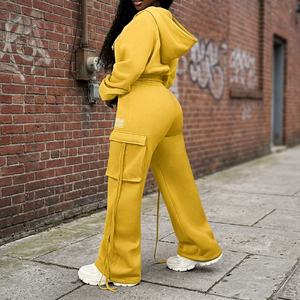 Women Yellow Hooded Tracksuit Full Sleeve Solid Color <b>Cargo</b> <b>Pants</b> Loose Fit Streetwear Autumn Plus Size Adult Sweatshirt Set - Product Image 1