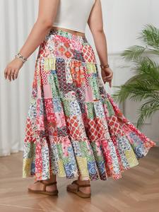 Factory Customization Women's Bohemian <strong>Patchwork</strong> Floral Tiered Maxi <strong>Skirt</strong> Elastic Waist Casual Boho Printed Long Ruffle <strong>Skirt</strong> - Product Image 2