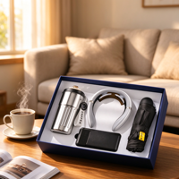 Ensemble cadeau d'entreprise personnalisé Anji Newell avec logo, tasse thermique en acier inoxydable, masseur pour le cou et batterie externe pour cadeaux de bureau de luxe