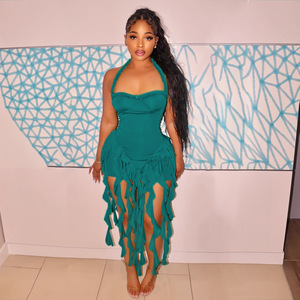 2025 Halter vestido sin espalda <span class=keywords><strong>Mujer</strong></span> verano fiesta Chic Irregular borla dobladillo Sexy fiesta de cumpleaños Split Midnight Club Bodycon vestido - Product Image 1