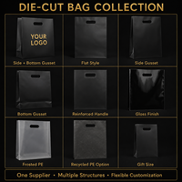 Sac de courses en plastique noir personnalisé, robuste, avec poignée découpée, côtés à soufflets, fond plat et trou perforé, pour la vente au détail, en gros et en vrac, direct usine